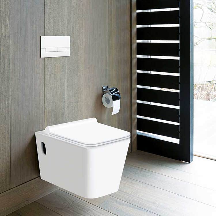 A standard toilet with a white seat
